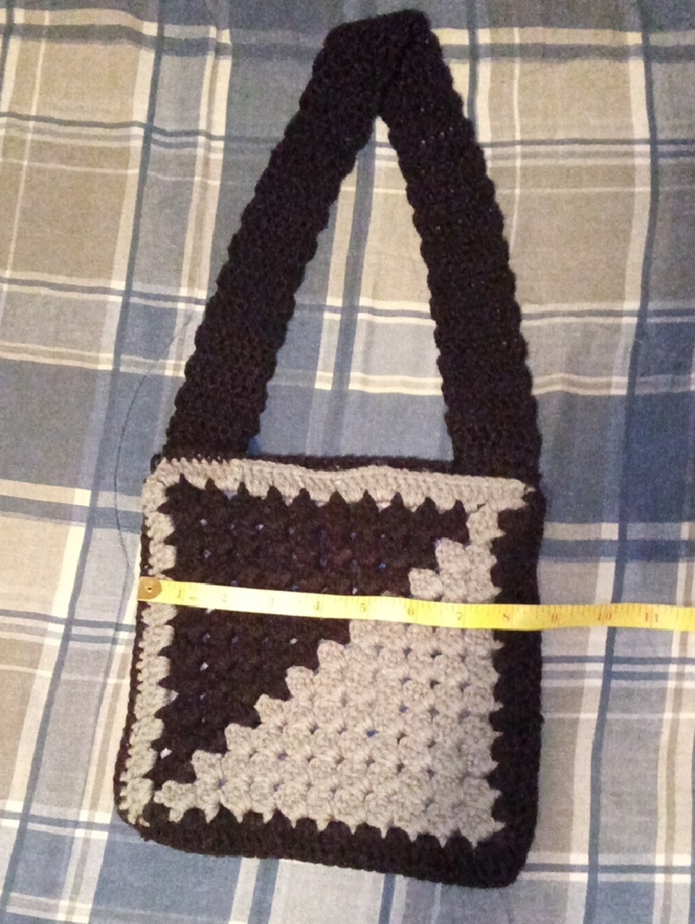 Handmade Crocheted Square Shoulder Bag in Black And Granny Square 8x9 Inch